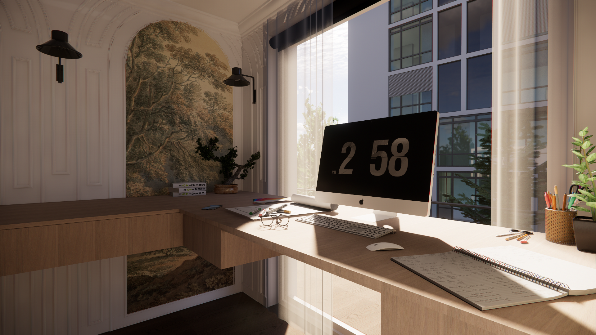 Close-up render of office desk space